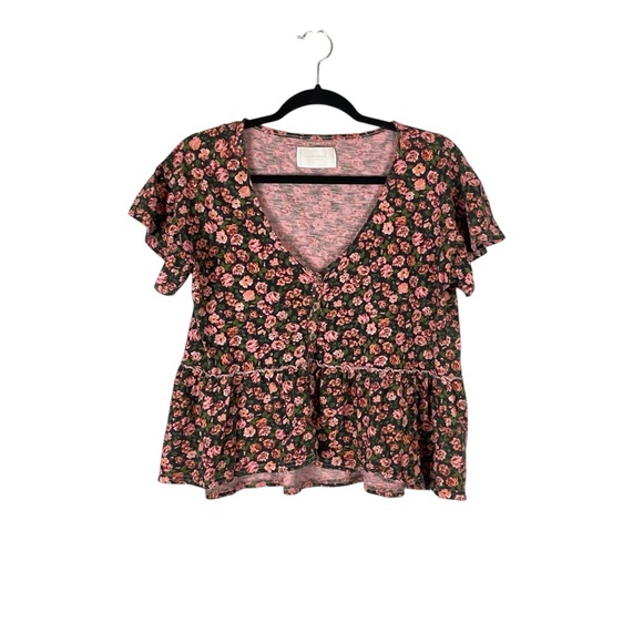 Lucky Brand Floral Peplum Top Black Pink 100% Cotton Button Front Blouse Size S - Picture 2 of 7